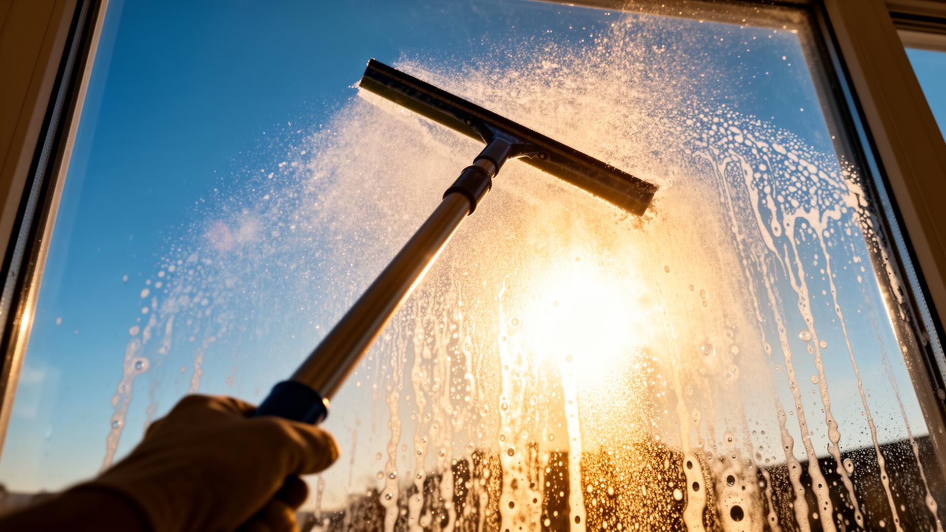 Squeegee gliding down a wet glass window, leaving streak-free clarity